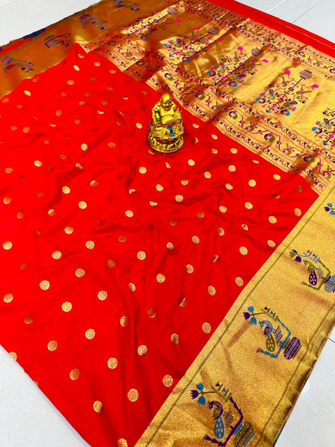 VastraLakshmi Susurrous Red Paithani Silk Saree With Elision Blouse Piece