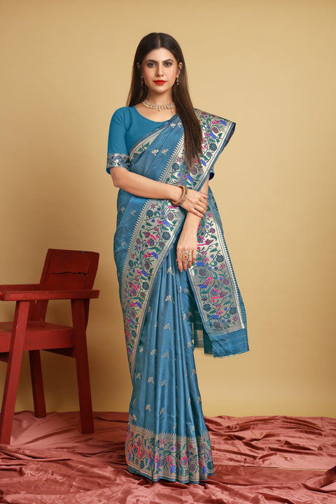 VastraLakshmi Energetic Blue Paithani Silk Saree With Gleaming Blouse Piece