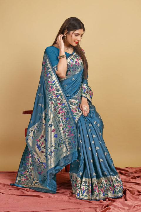 VastraLakshmi Energetic Blue Paithani Silk Saree With Gleaming Blouse Piece