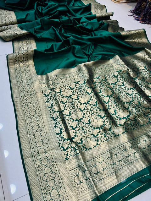 VastraLakshmi Refreshing Dark Green Soft Banarasi Silk Saree With Intricate Blouse Piece