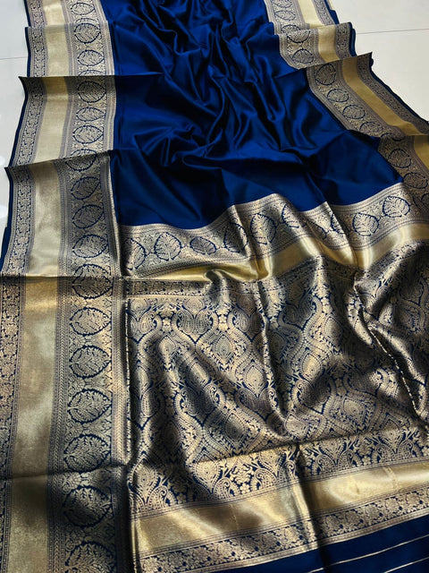 VastraLakshmi Intricate Navy Blue Soft Banarasi Silk Saree With Nemesis Blouse Piece