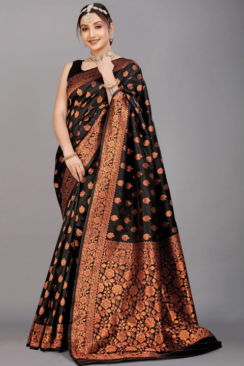 VastraLakshmi Quintessential Black Soft Banarasi Silk Saree With Nemesis Blouse Piece