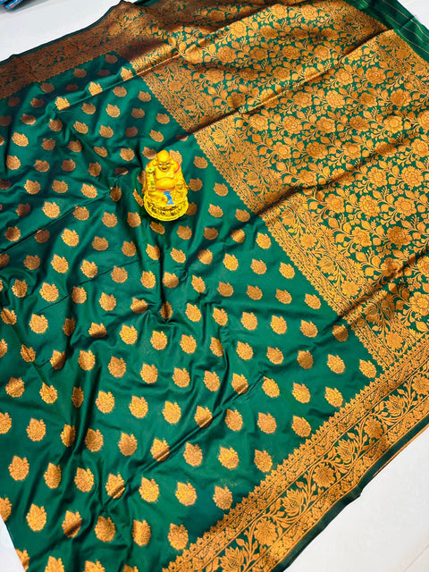 VastraLakshmi Quintessential Dark Green Soft Banarasi Silk Saree With Nemesis Blouse Piece