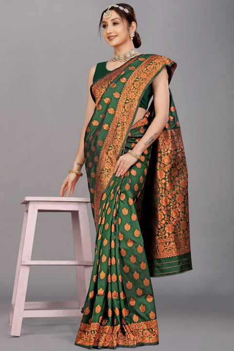 VastraLakshmi Quintessential Dark Green Soft Banarasi Silk Saree With Nemesis Blouse Piece