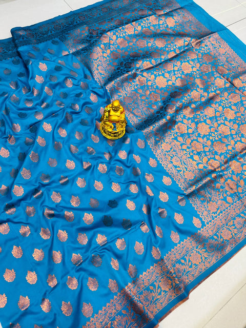 VastraLakshmi Quintessential Firozi Soft Banarasi Silk Saree With Nemesis Blouse Piece