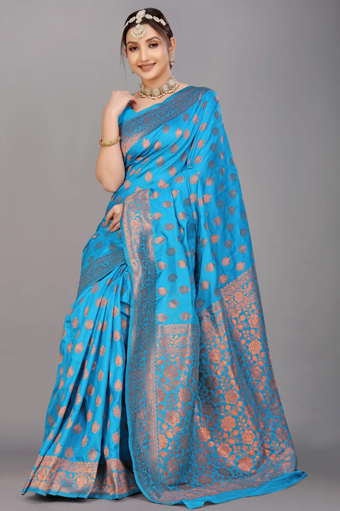 VastraLakshmi Quintessential Firozi Soft Banarasi Silk Saree With Nemesis Blouse Piece