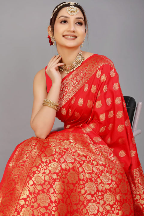 VastraLakshmi Quintessential Red Soft Banarasi Silk Saree With Nemesis Blouse Piece