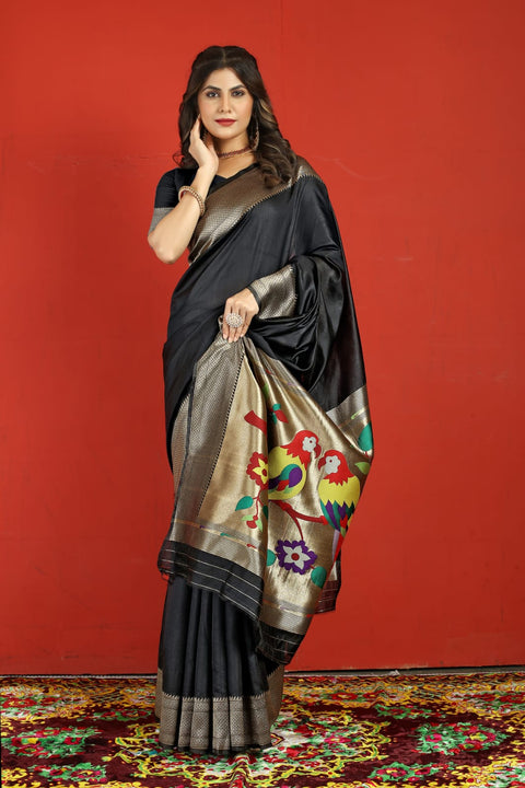 VastraLakshmi Trendy Black Paithani Silk Saree With Marvellous Blouse Piece