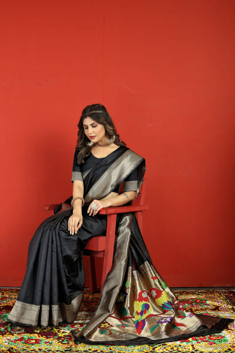 VastraLakshmi Trendy Black Paithani Silk Saree With Marvellous Blouse Piece