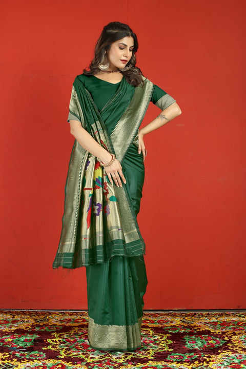 VastraLakshmi Precious Dark Green Paithani Silk Saree With Extraordinary Blouse Piece