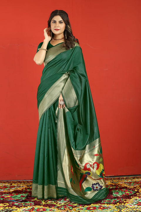 VastraLakshmi Precious Dark Green Paithani Silk Saree With Extraordinary Blouse Piece