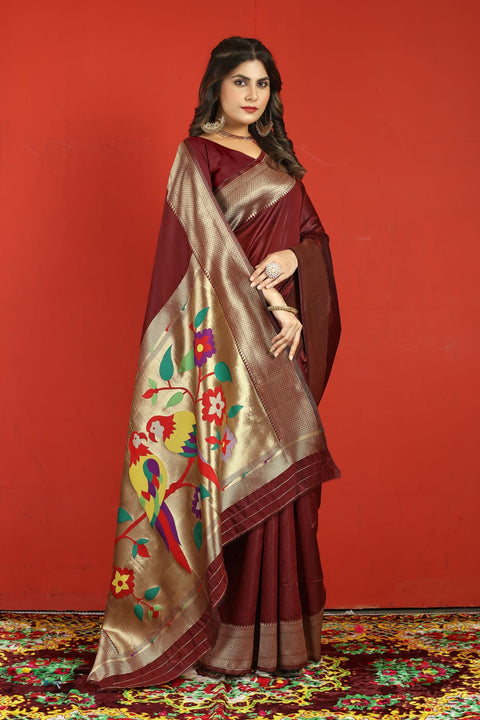 VastraLakshmi Flaunt Maroon Paithani Silk Saree With Stylish Blouse Piece