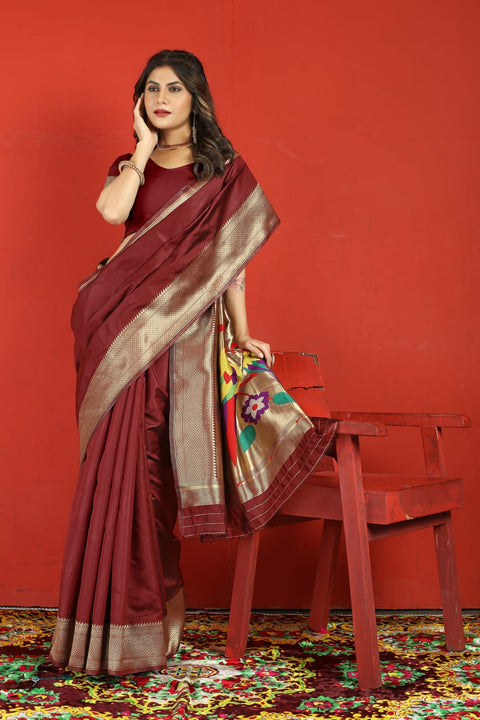 VastraLakshmi Flaunt Maroon Paithani Silk Saree With Stylish Blouse Piece