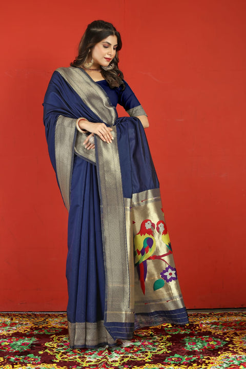 VastraLakshmi Invaluable Navy Blue Paithani Silk Saree With Surpassing Blouse Piece