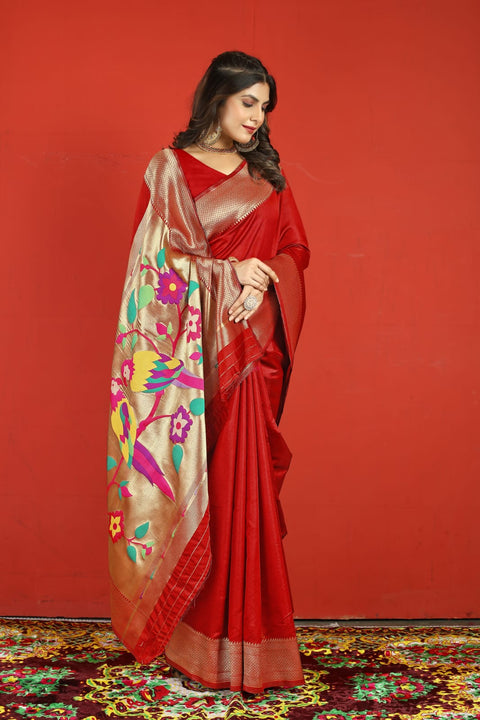 VastraLakshmi Beleaguer Red Paithani Silk Saree With Ratatouille Blouse Piece