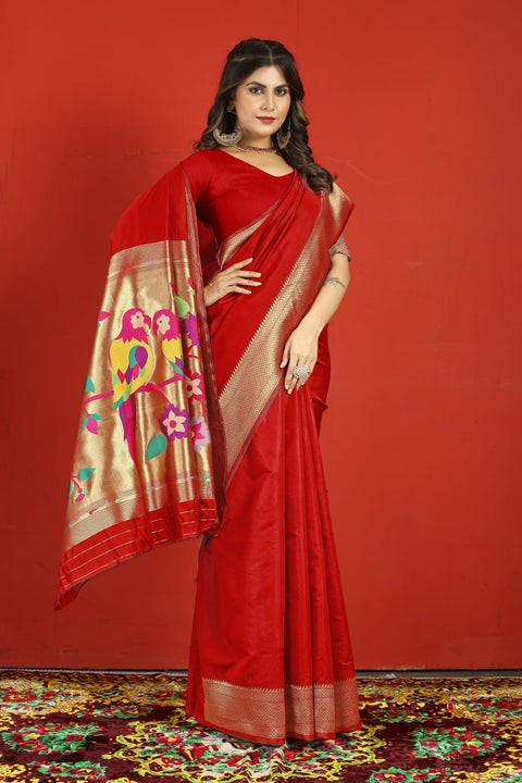 VastraLakshmi Beleaguer Red Paithani Silk Saree With Ratatouille Blouse Piece