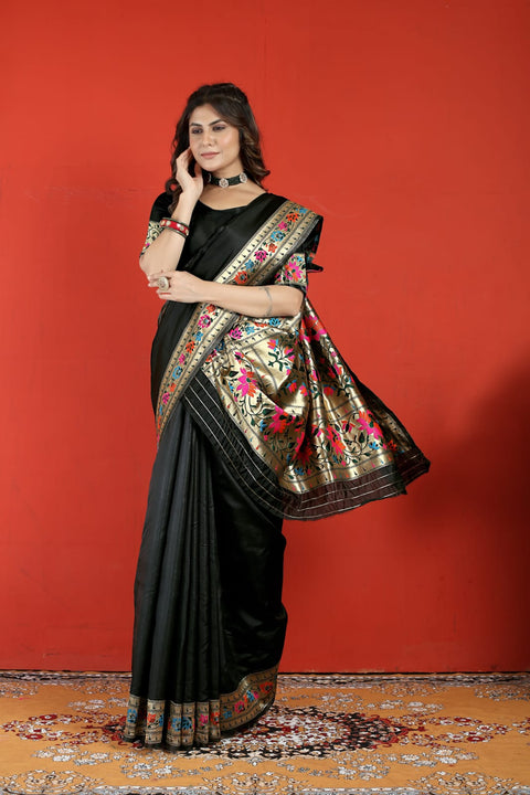 VastraLakshmi Jazzy Black Paithani Silk Saree With Desiring Blouse Piece