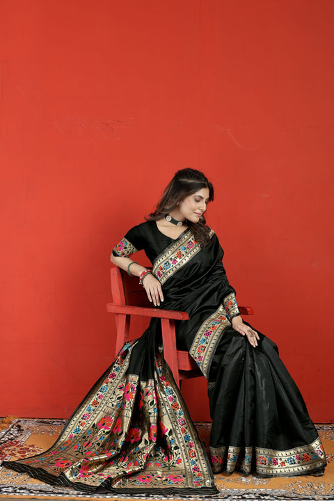 VastraLakshmi Jazzy Black Paithani Silk Saree With Desiring Blouse Piece