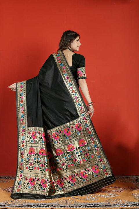 VastraLakshmi Jazzy Black Paithani Silk Saree With Desiring Blouse Piece