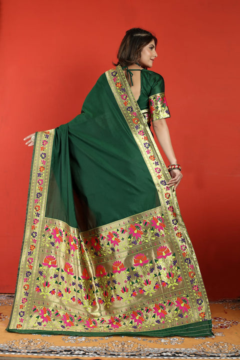 VastraLakshmi Propinquity Dark Green Paithani Silk Saree With Seraglio Blouse Piece