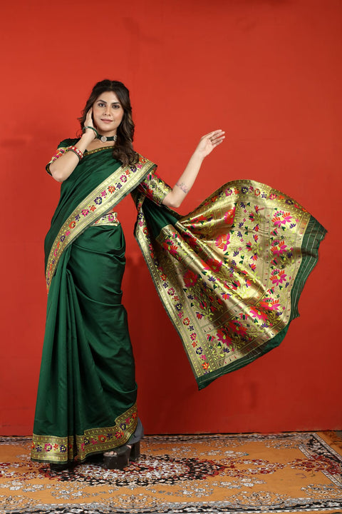 VastraLakshmi Propinquity Dark Green Paithani Silk Saree With Seraglio Blouse Piece