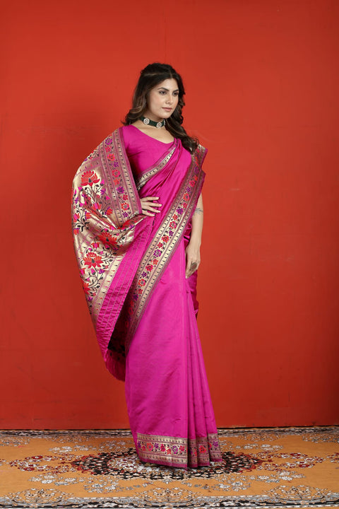 VastraLakshmi Serendipity Dark Pink Paithani Silk Saree With Vestigial Blouse Piece