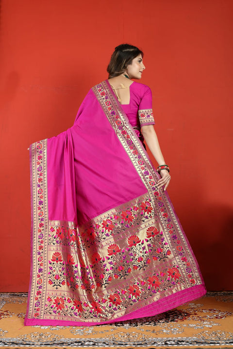 VastraLakshmi Serendipity Dark Pink Paithani Silk Saree With Vestigial Blouse Piece