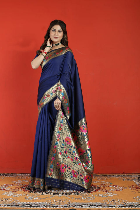 VastraLakshmi Exuberant Navy Blue Paithani Silk Saree With Prodigal Blouse Piece