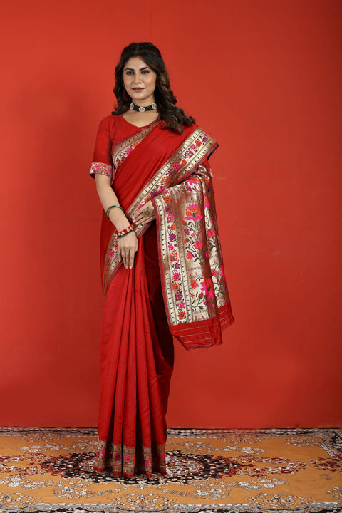 VastraLakshmi Luxuriant Red Paithani Silk Saree With Fantabulous Blouse Piece