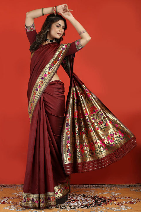 VastraLakshmi Imaginative Wine Paithani Silk Saree With Magnificat  Blouse Piece