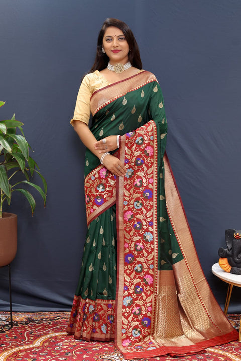 VastraLakshmi Redolent Dark Green Paithani Silk Saree With Glamorous Blouse Piece