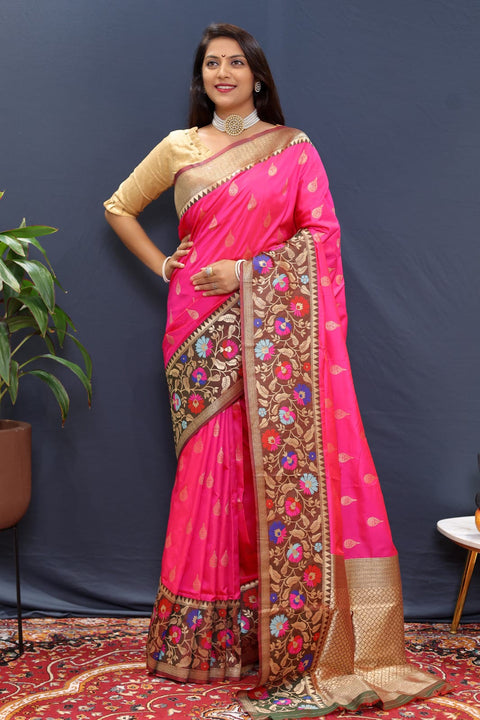 VastraLakshmi Splendiferous Dark Pink Paithani Silk Saree With Mellifluous Blouse Piece