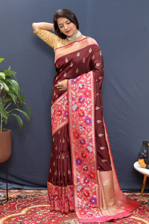 VastraLakshmi Denouement Maroon Paithani Silk Saree With Panache Blouse Piece