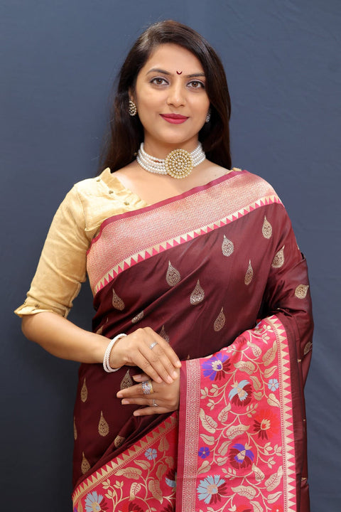 VastraLakshmi Denouement Maroon Paithani Silk Saree With Panache Blouse Piece