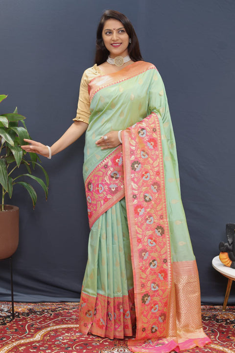 VastraLakshmi Efflorescence Pista Paithani Silk Saree With Seraphic Blouse Piece