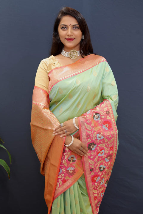 VastraLakshmi Efflorescence Pista Paithani Silk Saree With Seraphic Blouse Piece