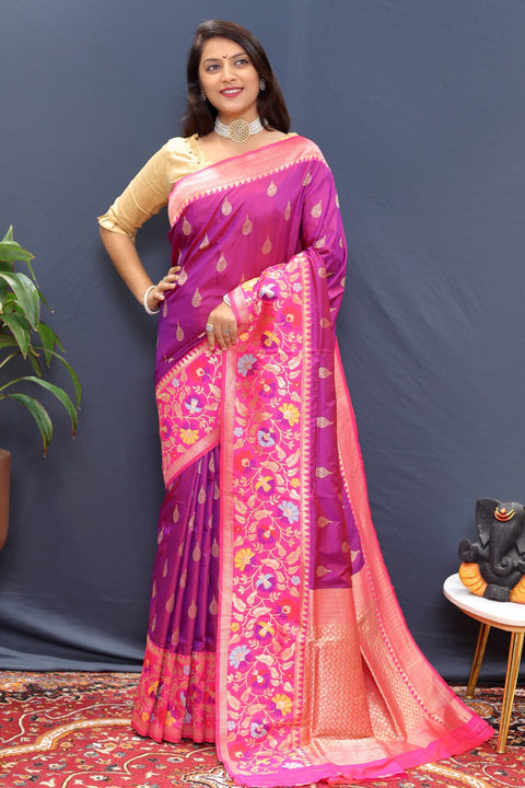 VastraLakshmi Divine Purple Paithani Silk Saree With Tantalizing Blouse Piece