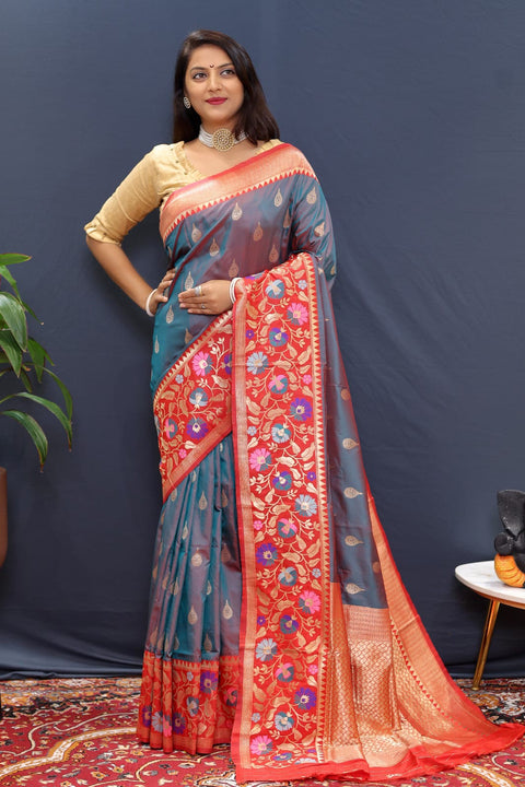 VastraLakshmi Exquisite Rama Paithani Silk Saree With Luminous Blouse Piece