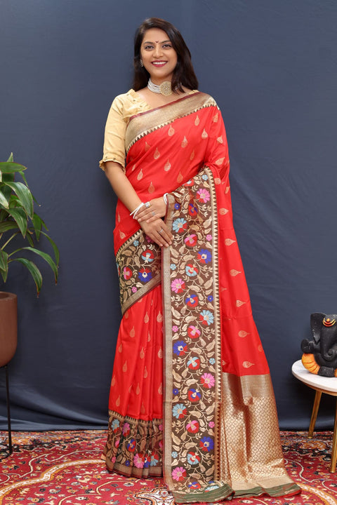 VastraLakshmi Mesmeric Red Paithani Silk Saree With Quixotic Blouse Piece