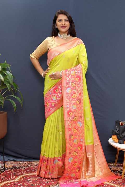 VastraLakshmi Appealing Yellow Paithani Silk Saree With Scintillating Blouse Piece