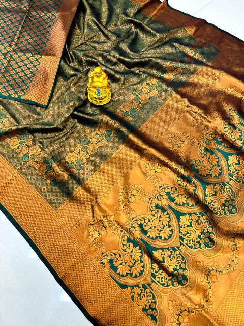 VastraLakshmi Energetic Dark Green Kanjivaram Silk with Rich Blue Blouse Piece