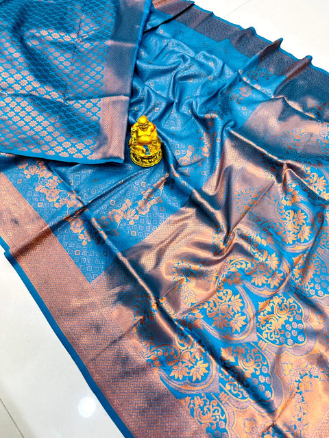 VastraLakshmi Flamboyant Firozi Kanjivaram Silk with Rich Blue Blouse Piece