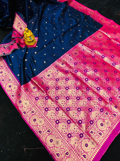 VastraLakshmi Beautiful Navy Blue Banarasi Silk Saree With Demanding Blouse Piece