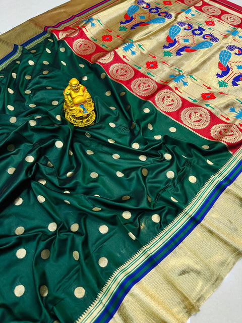 VastraLakshmi Gossamer Dark Green Paithani Silk Saree With Fancifull Blouse Piece