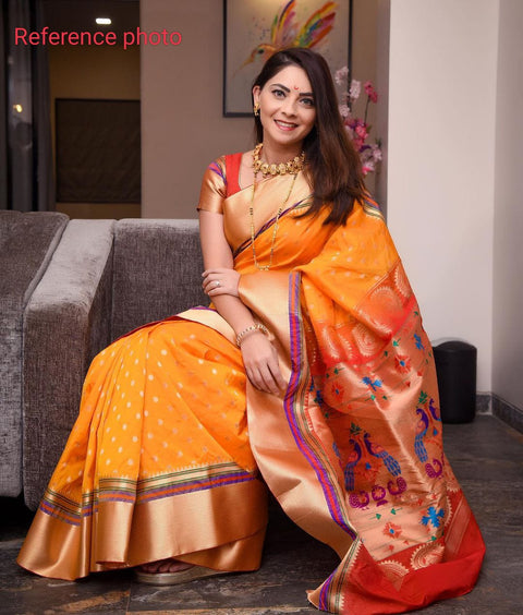 VastraLakshmi Enticing Orange Paithani Silk Saree With Ailurophile Blouse Piece