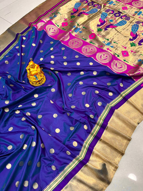 VastraLakshmi Twirling Royal Blue Paithani Silk Saree With Desultory Blouse Piece