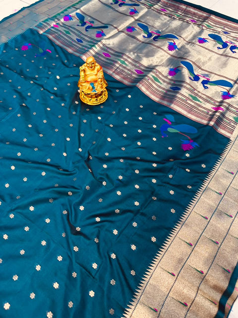 VastraLakshmi Glittering Blue Paithani Silk Saree With Nemesis Blouse Piece