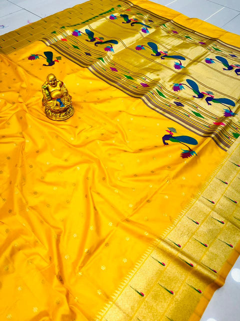 VastraLakshmi Splendorous Dark Yellow Paithani Silk Saree With Imbrication Blouse Piece