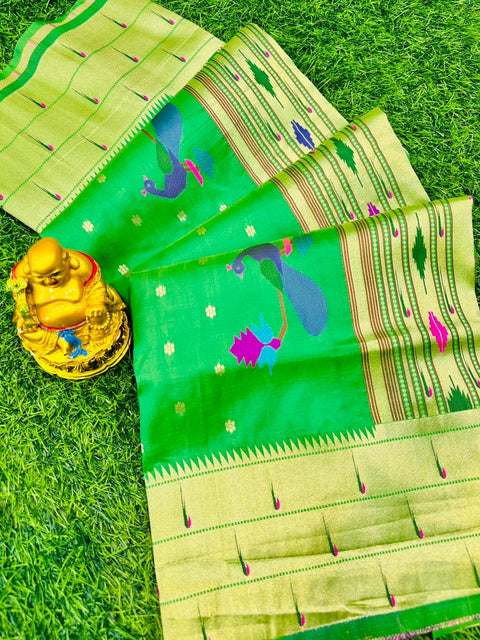 VastraLakshmi Artistic Green Paithani Silk Saree With Demure Blouse Piece