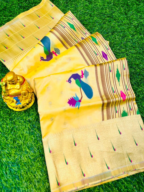 VastraLakshmi Susurrous Yellow Paithani Silk Saree With Invaluable Ideal Piece